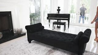 A girl experienced real cock plowing in a passionate pose on the couch