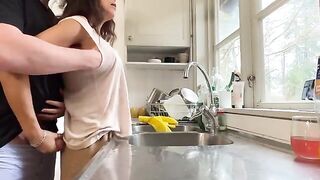 Hot MILF with big tits fucked in the kitchen