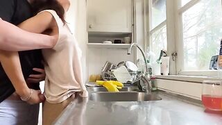 Hot MILF with big tits fucked in the kitchen