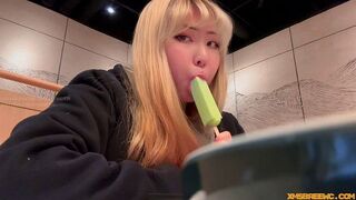 The girl was licking the cream from the waffle, but she could lick me