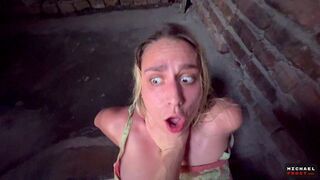 A guy shot a cum shot straight into the mouth of his pretty girl on the stairs