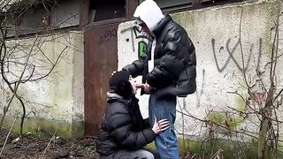 A passionate and risky encounter in a public spot, caught in the act