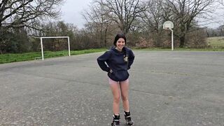 A girl has sex with a guy in the forest, moaning loudly