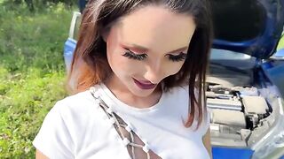 A fit girl with a perfect body has sex in the car
