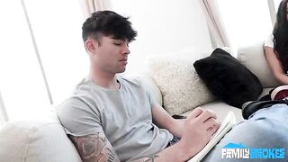 Girl makes a blowjob, choking on her own saliva in the shot from the first person