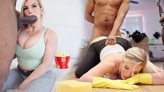 A petite woman gets her pussy torn by a huge black cock all day