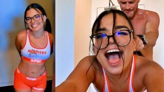The hot Hooters girl is getting fucked hard by her boss in the kitchen