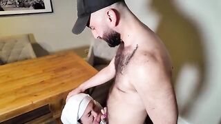 An 18-year-old girl is having fun with two muscular men