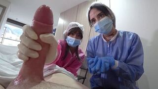 Two hot nurses checked my cock in a hospital setting