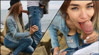 A blondie is giving a blowjob to her boyfriend on the beach in this hot video