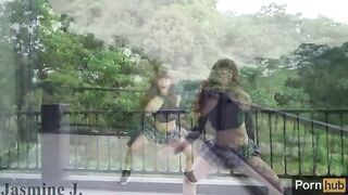 The cute girl Jasmine J pees and fucks with a machine on the balcony