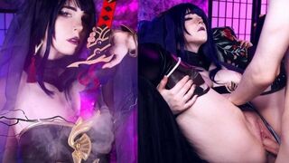 Cosplay Raiden Shogun scene with MollyRedWolf, showcasing her passionate performances