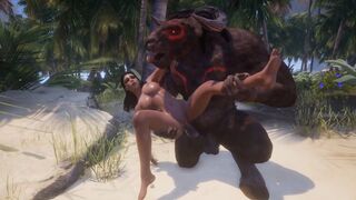 A busty woman has sex with two large animals
