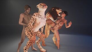 A group of girls is being fucked by a big cock monster in an orgy