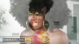 Ebony Mystique shares her skin care routine and gets fucked by two cocks
